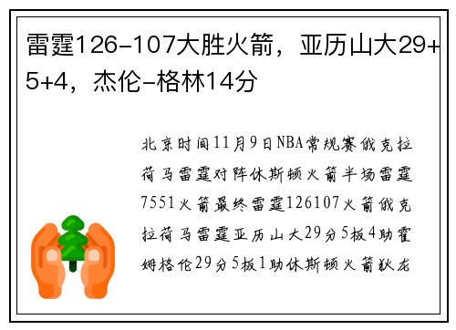 雷霆126-107大胜火箭，亚历山大29+5+4，杰伦-格林14分