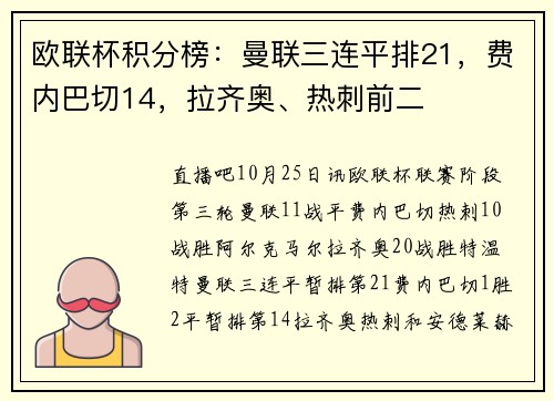 欧联杯积分榜：曼联三连平排21，费内巴切14，拉齐奥、热刺前二