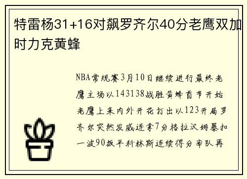 特雷杨31+16对飙罗齐尔40分老鹰双加时力克黄蜂